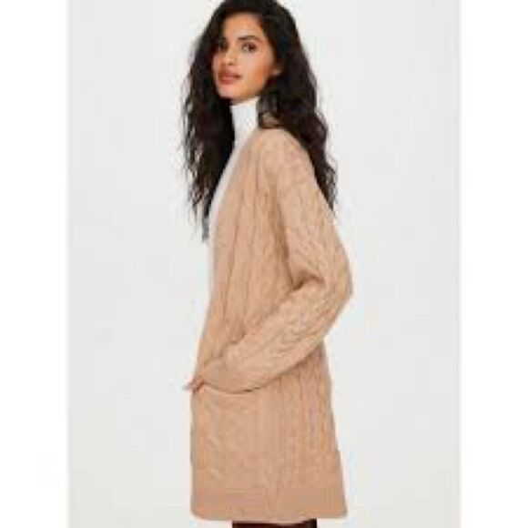Aritzia Wilfred 100% Merino Wool Longline Fisherman Knit Open Tan Cardigan XS - Picture 2 of 9
